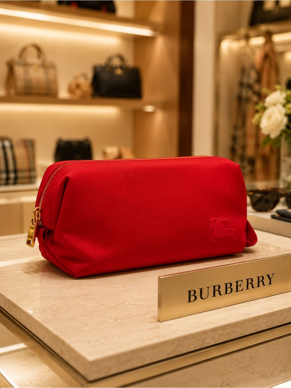🌸Burberry Red Nylon Travel Pouch with Gold Zip NWOT preppy quiet luxury classic